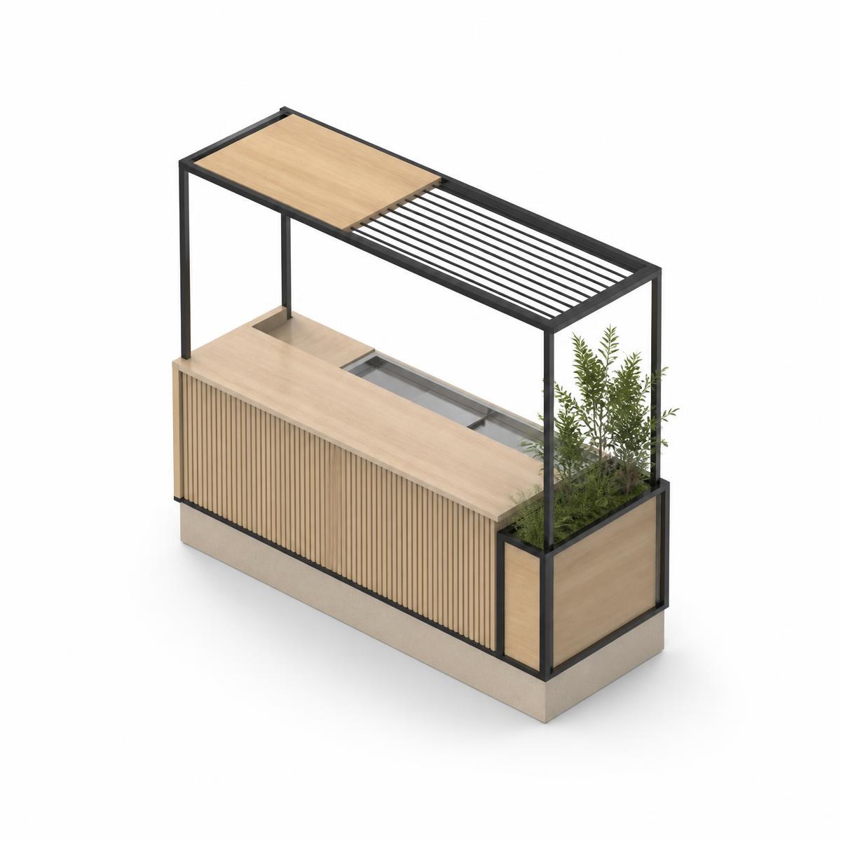 Render axonométrico de un módulo aislado con estructura metálica negra y madera clara.