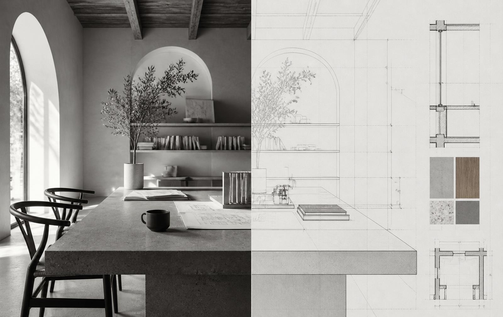 Composición dividida: a la izquierda, fotografía realista de un atelier de arquitectura con luz natural; a la derecha, el mismo espacio como dibujo técnico con planos y muestras de material.