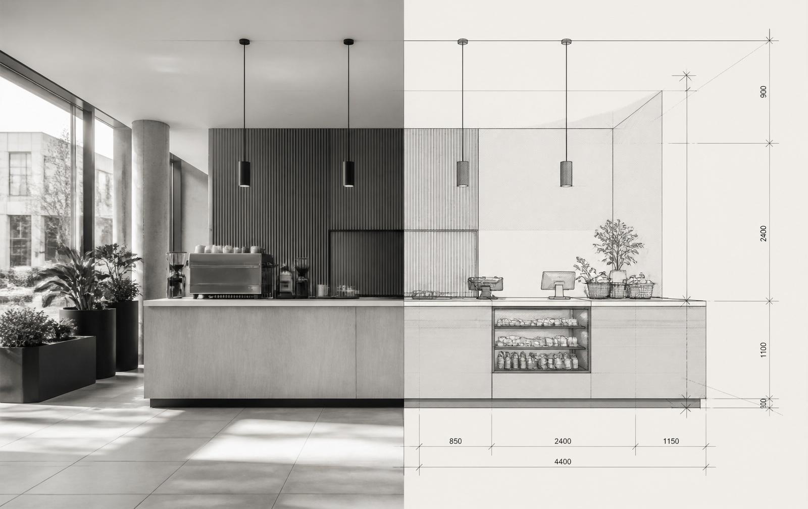 Composición dividida: a la izquierda, fotografía realista de un mostrador de café con máquina espresso y plantas; a la derecha, el mismo mostrador como alzado técnico con cotas.