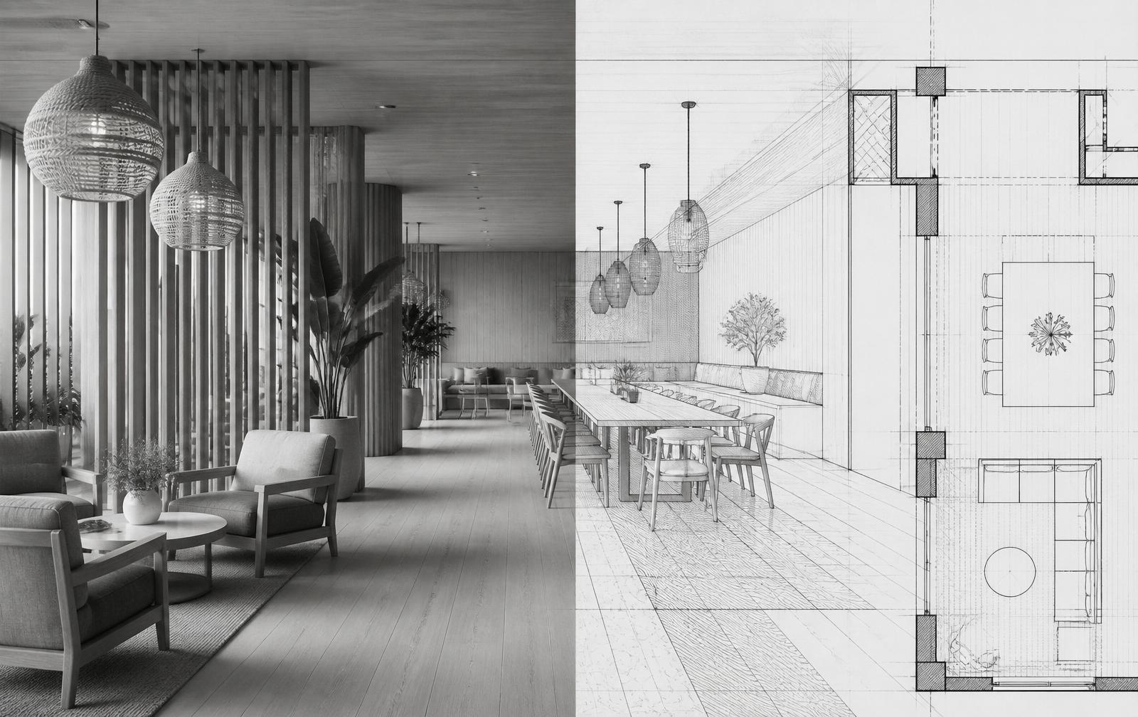Composición dividida: a la izquierda, fotografía realista de una zona de estar con sillones y lámparas de fibra; a la derecha, el mismo espacio como perspectiva dibujada y planta arquitectónica.