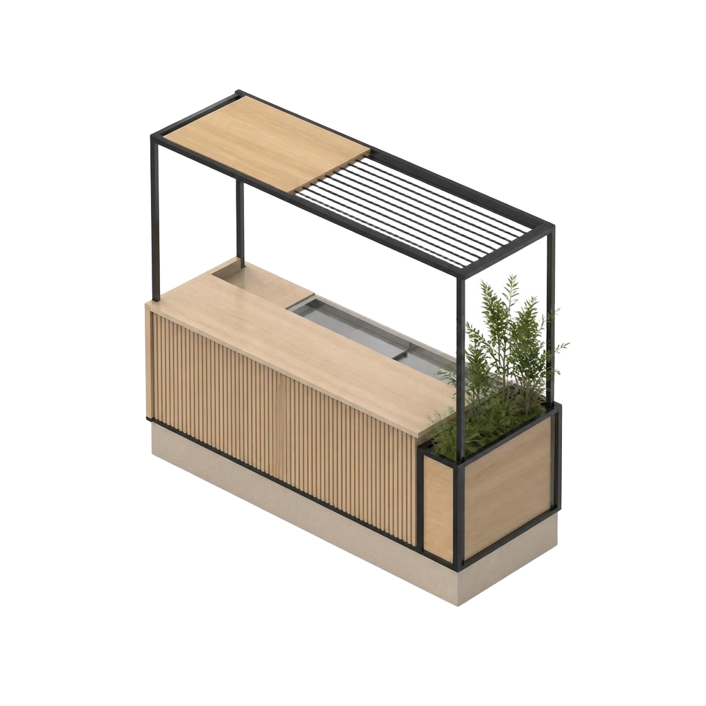 Axonometric render of an isolated module with black metal structure and light wood.