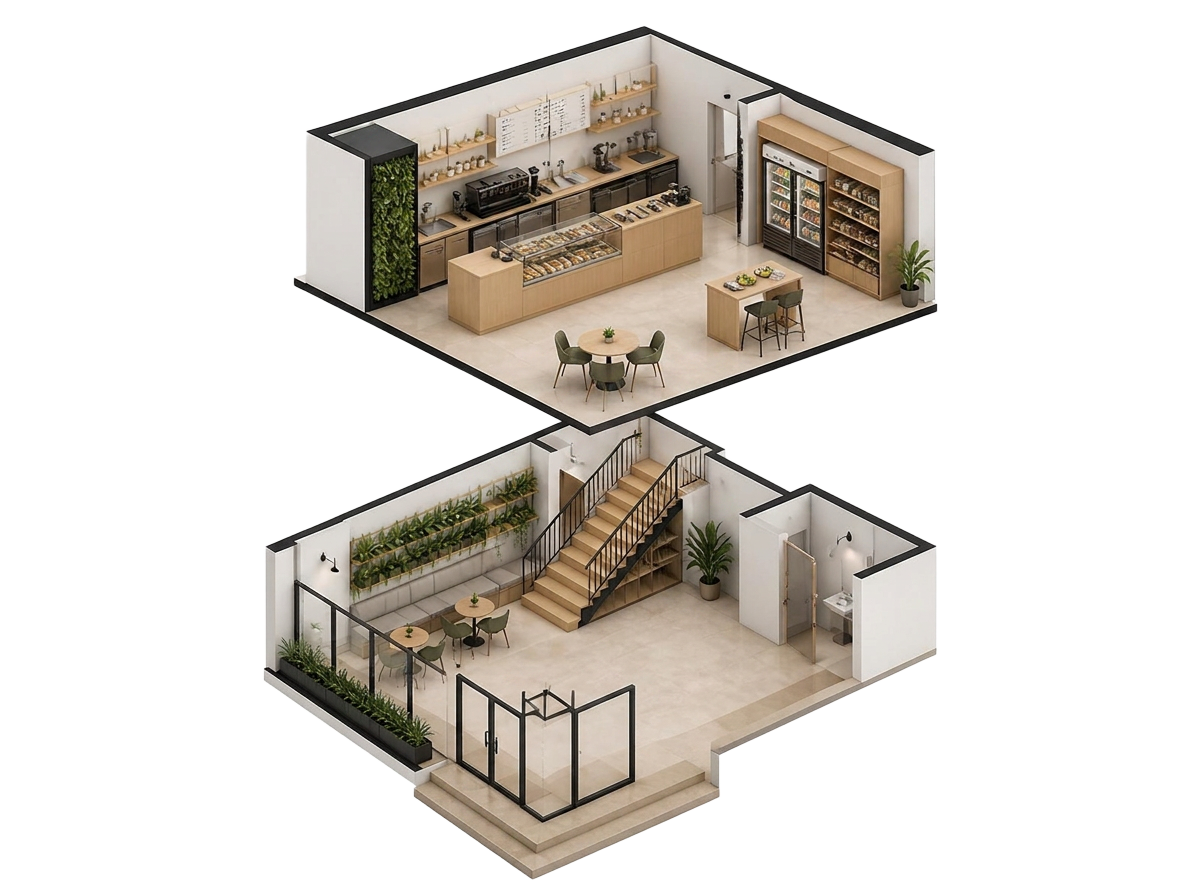 Axonometric render of a two-level hospitality space with sectioned walls, light wood, integrated greenery and black metal structure.