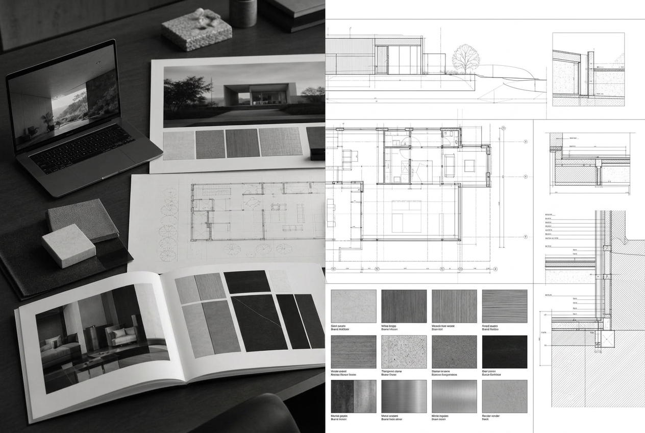Split composition: left, photograph of a workspace with presentation boards, plans and material samples; right, the same documents continued as technical drawings.