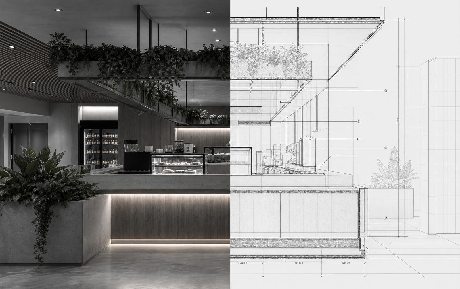 Split composition: left, realistic photograph of a café counter with integrated greenery; right, the same space continued as a technical elevation with dimensions.