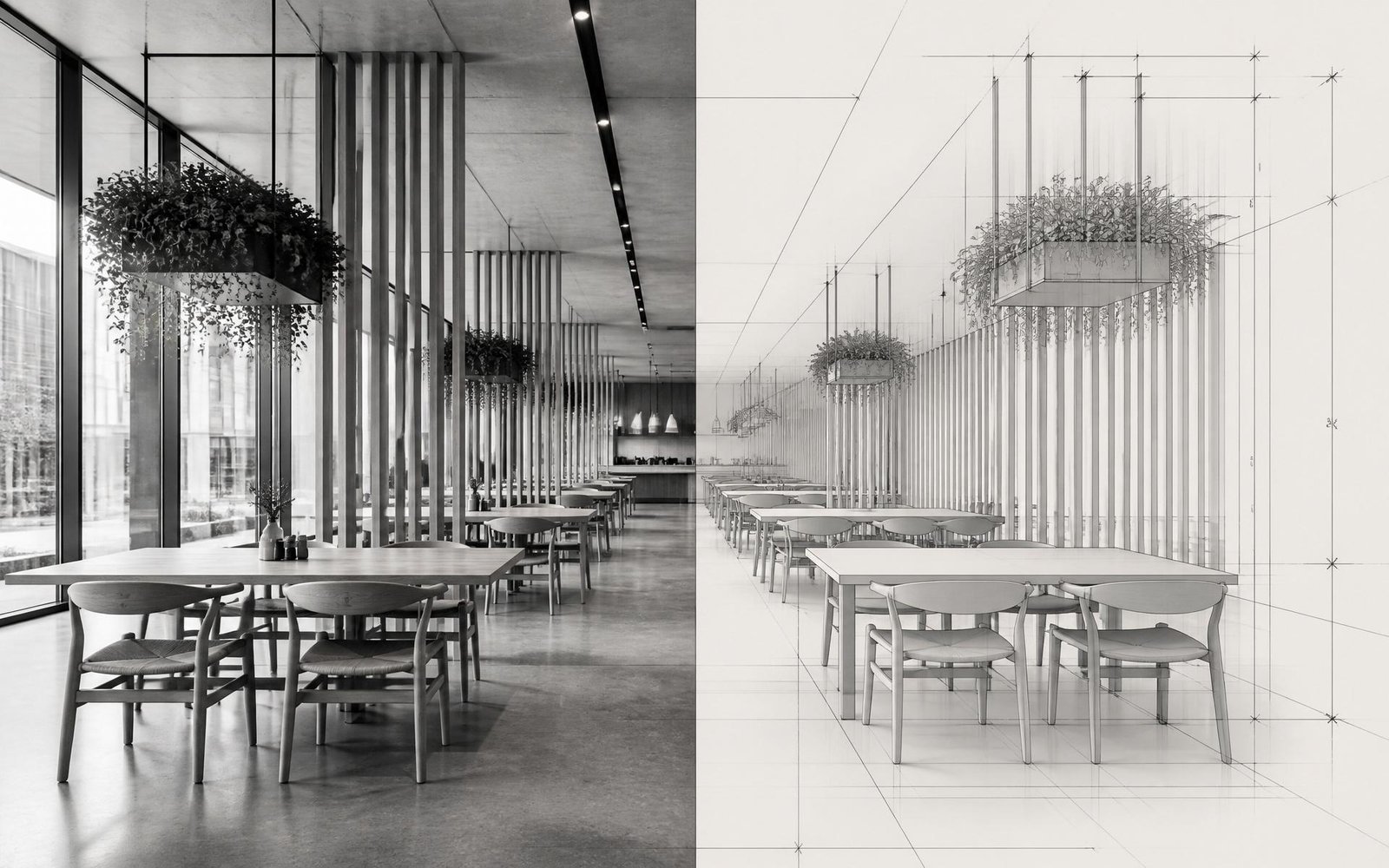 Editorial composition: left half, black and white photograph of a collective dining hall with wooden slats and hanging greenery; right half, the same space continued as an architectural render with fine technical lines.